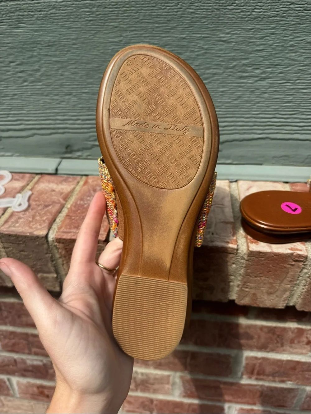 Italian Shoemakers Brown Slide Sandals with Yellow-Multi Woven Strap
